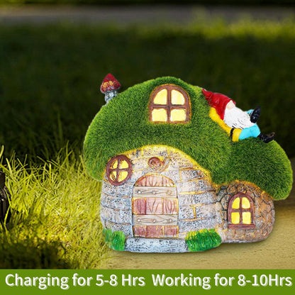 ILLUMINEW House Garden Statues with Solar Lights, LED Cute Flocked Fairy House with Gnomes Garden