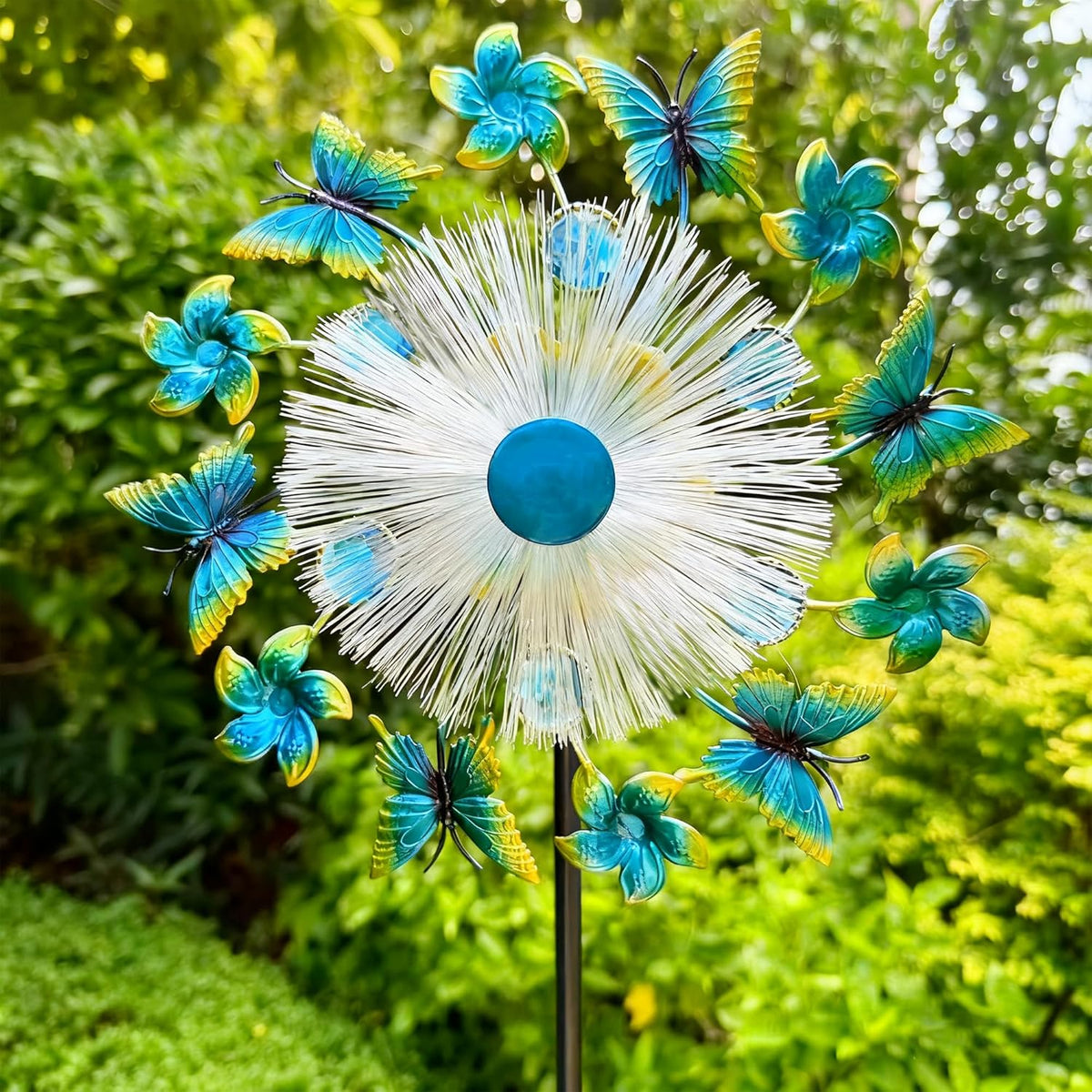 46" Butterfly Flower Solar Wind Spinners for Yard and Garden, Sapphire Kinetic Windmill Wind