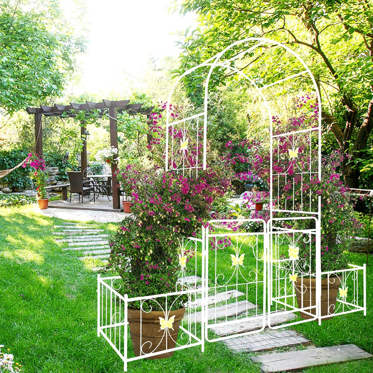 Metal Garden Arbor Arch with Gate and Plant Box, 86.6" H Heavy Duty Garden Trellis with Butterfly