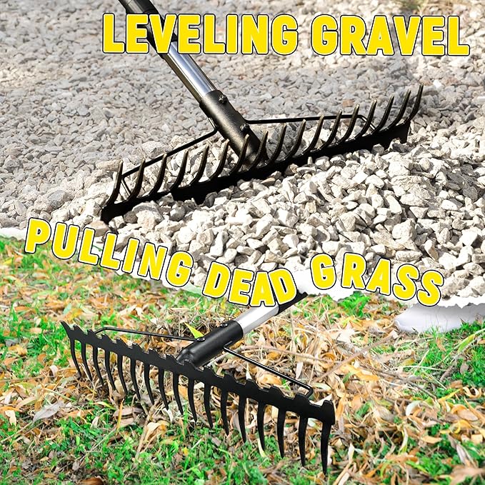 Bow Rake, 68-Inch Adjustable Handle Garden Rake with 17 Steel Tines, Heavy Duty Dual-Sided Metal