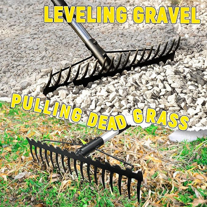 Bow Rake, 68-Inch Adjustable Handle Garden Rake with 17 Steel Tines, Heavy Duty Dual-Sided Metal
