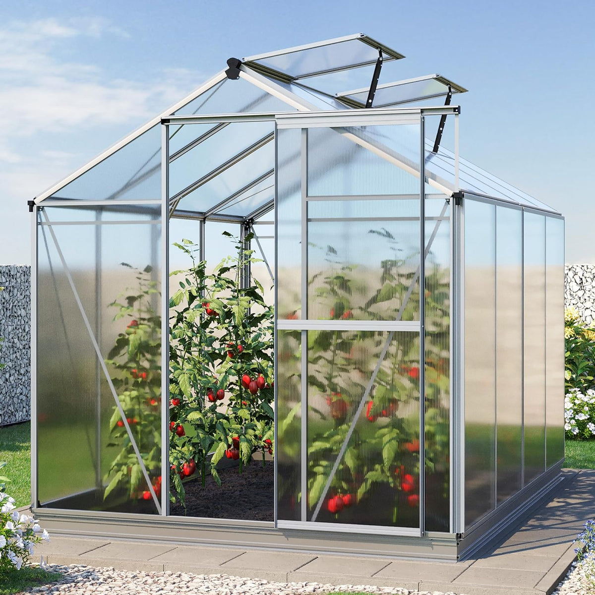 Greenhouse Jasmin 4 Aluminum Frame - 6.3 x 8.4 ft Approx. 6 mm Polycarbonate Panels - Bonus Base
