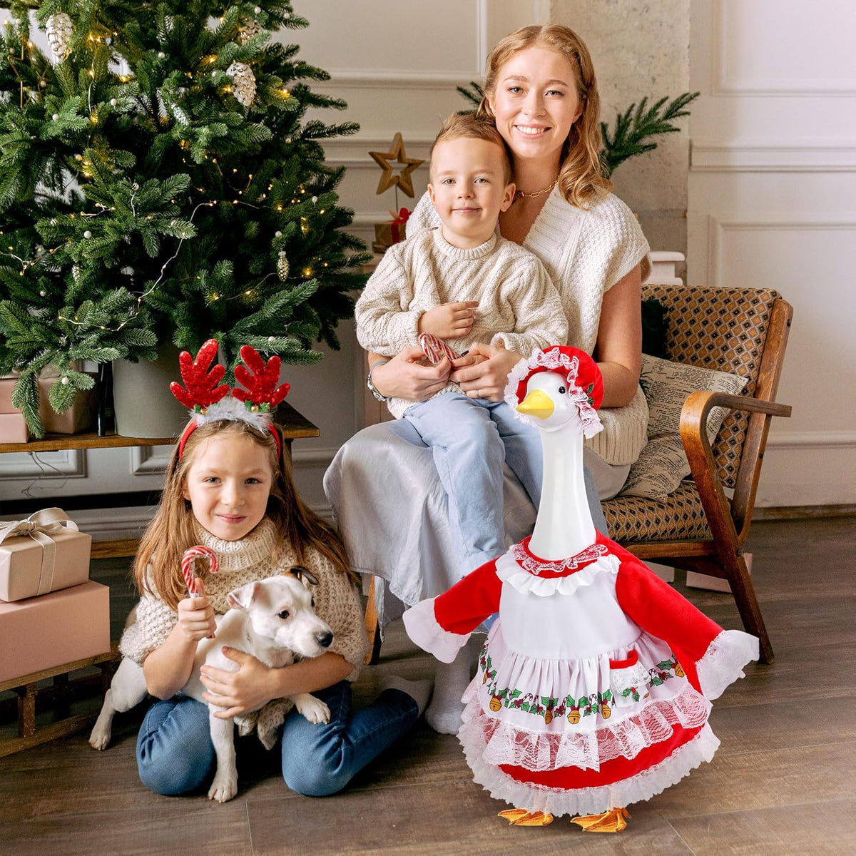 2 Pcs/Set Christmas Mrs. Claus Porch Goose Outfits, Lawn Goose Statue Mrs. Claus Costume, Red Green