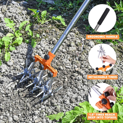Rotary Cultivator Garden Rotary Tiller Adjustable Stainless Steel Poles Hand Tiller for Soil Mixing
