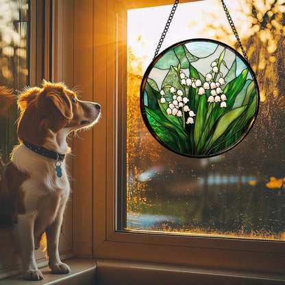 Stained Glass Window Hanging - White Green Lily of The Valley Suncatcher for Doors Garden Terrace