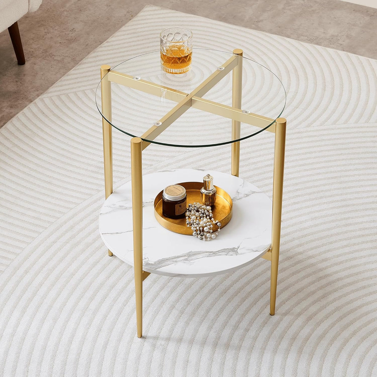 Round Glass End Table, Mid-Century Modern Design Sofa Table for Living Room, D18 x H23 in, 2-Tier