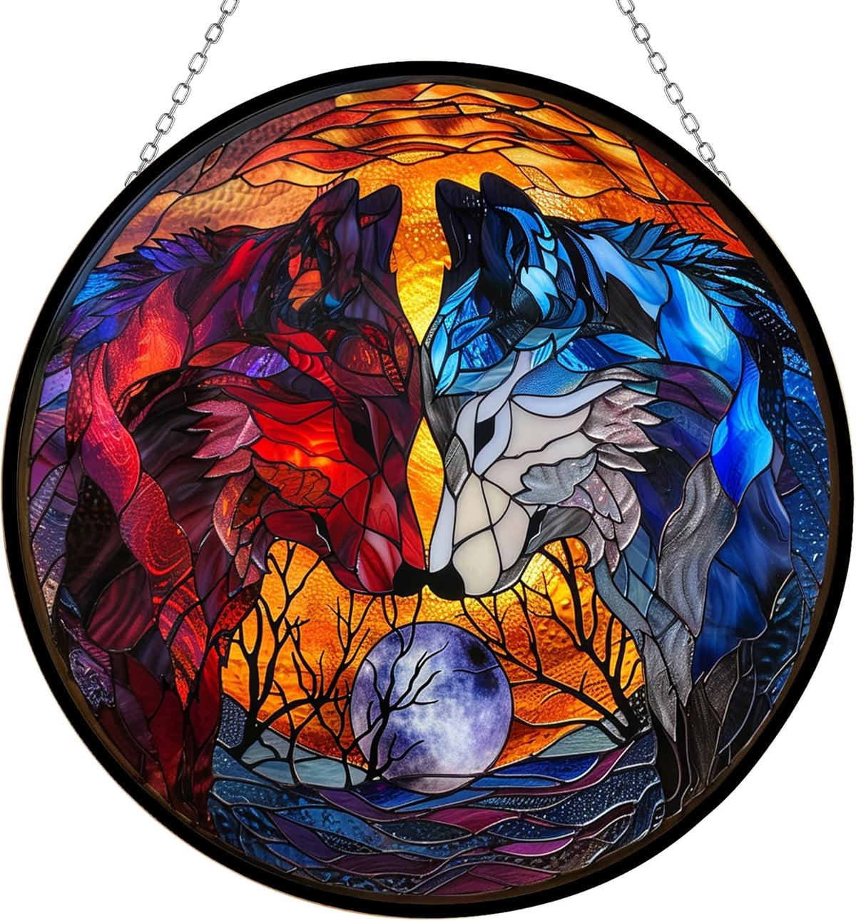 Art Nouveau Wolf Couple Stained Glass Window Hanging by Clare Donovan, Stained Glass Suncatcher for