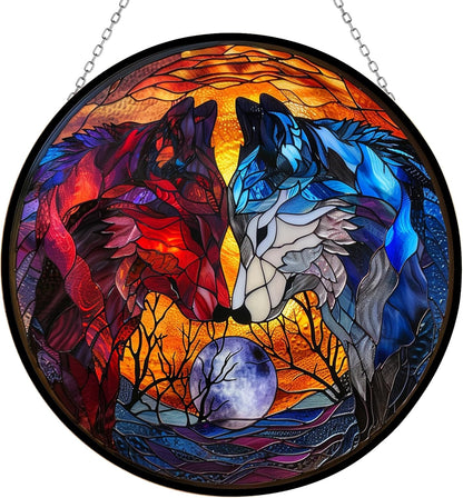 Art Nouveau Wolf Couple Stained Glass Window Hanging by Clare Donovan, Stained Glass Suncatcher for