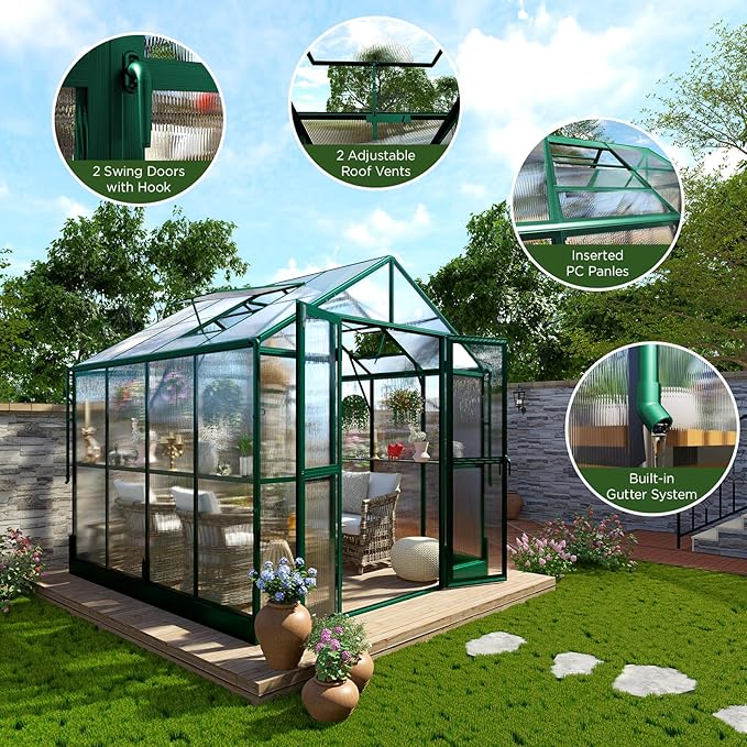 HOWE 8x8x7.5 FT Aluminum Greenhouses for Outdoors,Polycarbonate Greenhouse with 2 Vents Lockable