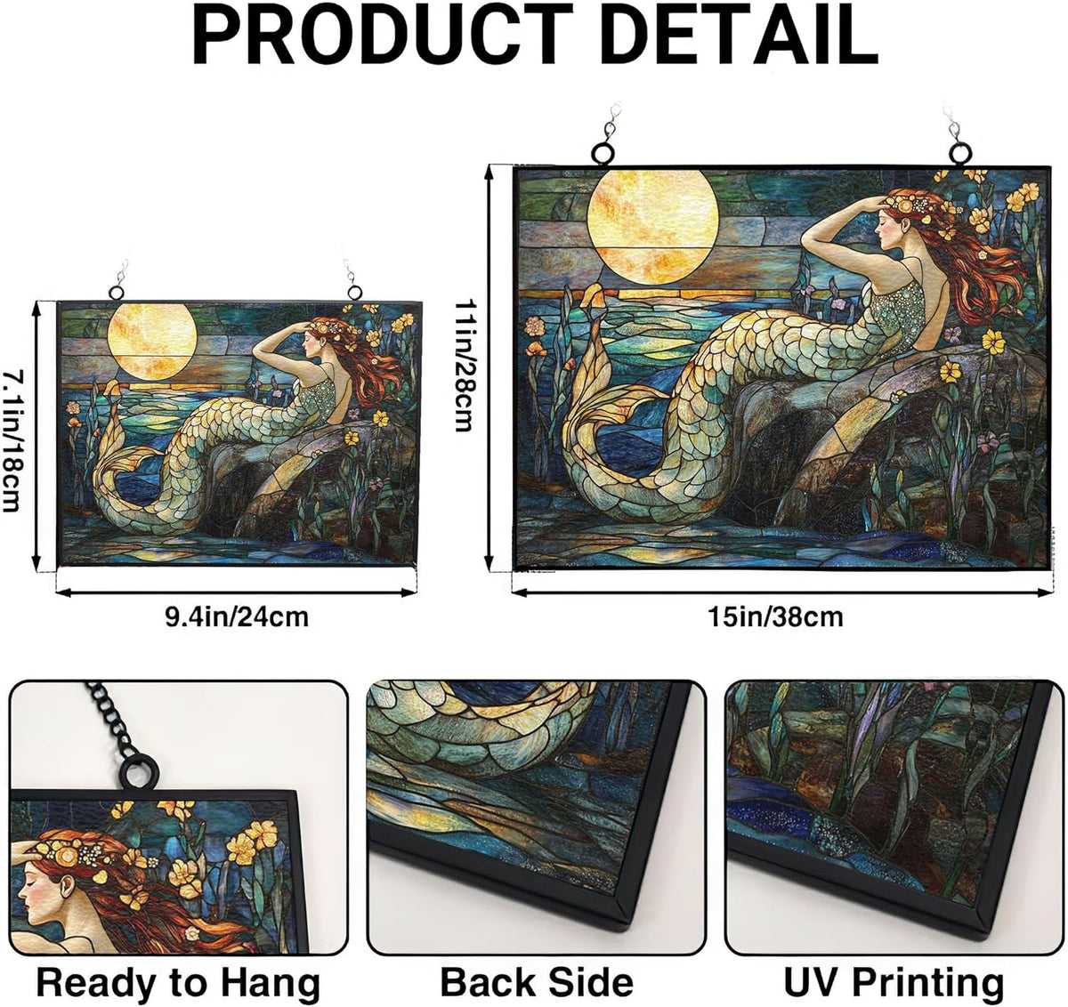 Rectangle Art Nouveau Moonlit Mermaid Stained Glass Sun Catcher, Wall Hanging Colored Decor Room