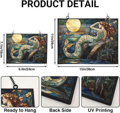 Rectangle Art Nouveau Moonlit Mermaid Stained Glass Sun Catcher, Wall Hanging Colored Decor Room