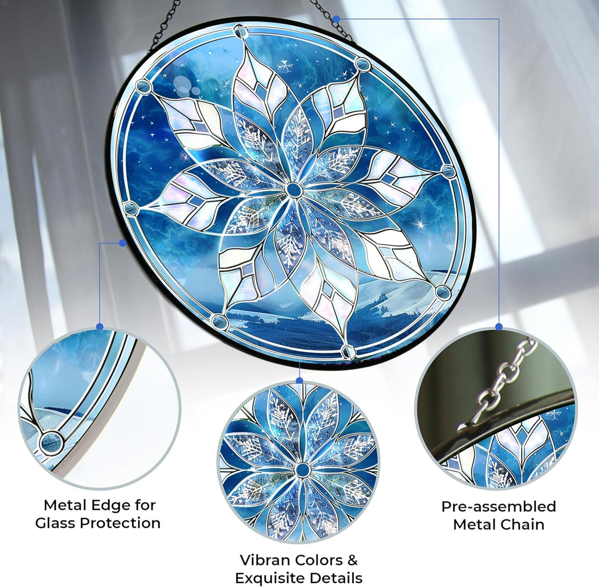Christmas Snowflake Stained Glass Sun Catcher, Wall Hanging Colored Decor Room Outdoor Window