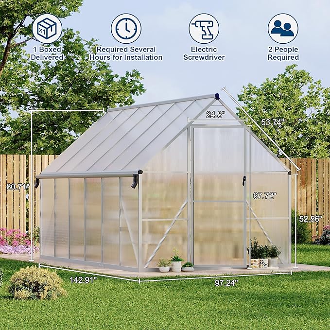 8'X12' Aluminum-Framed Polycarbonate Greenhouse, Heavy Duty Polycarbonate Greenhouse with Quick