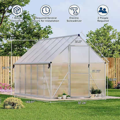 8'X12' Aluminum-Framed Polycarbonate Greenhouse, Heavy Duty Polycarbonate Greenhouse with Quick