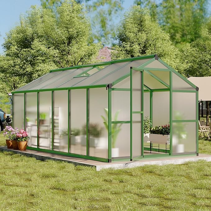 8x12 FT Greenhouse, Easy Assembly Aluminum Polycarbonate Greenhouses for Outdoors with Roof Vent