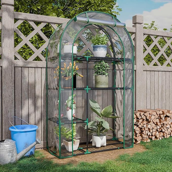 4-Tier Mini Greenhouse, 40 x 18 x 63 inch Steel Frame and PE Cover Plastic Plant Rack Stand Green
