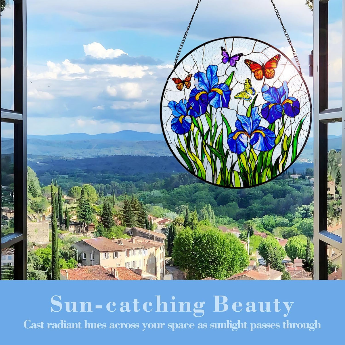 Stained Glass Window Hanging Iris Flower Suncatcher, Renyalora 10 Inch Round Glass Sun Catcher for
