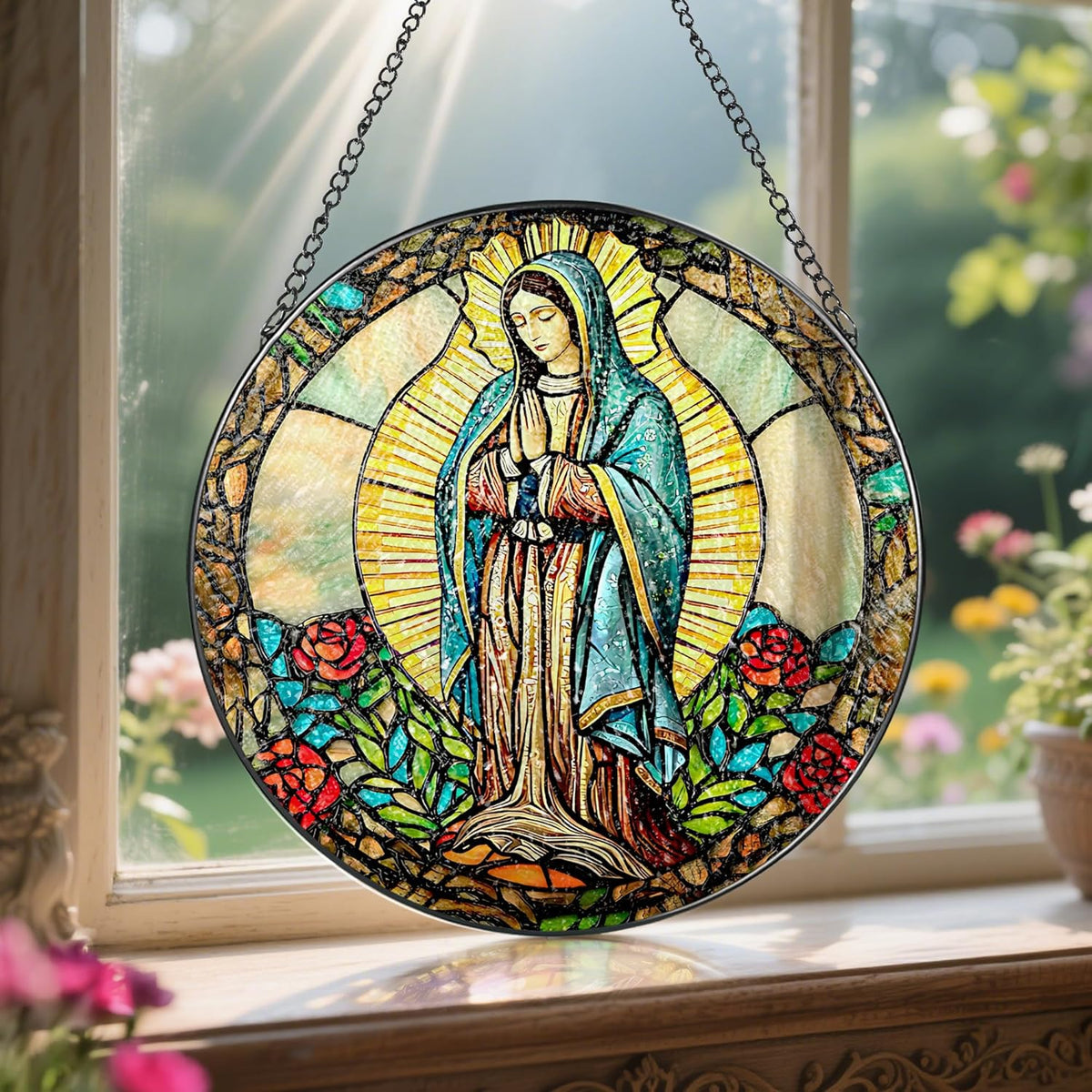 8 Inch Our Lady of Guadalupe Stained Glass Suncatcher, Stained Glass Window Hanging, Mexican Mom