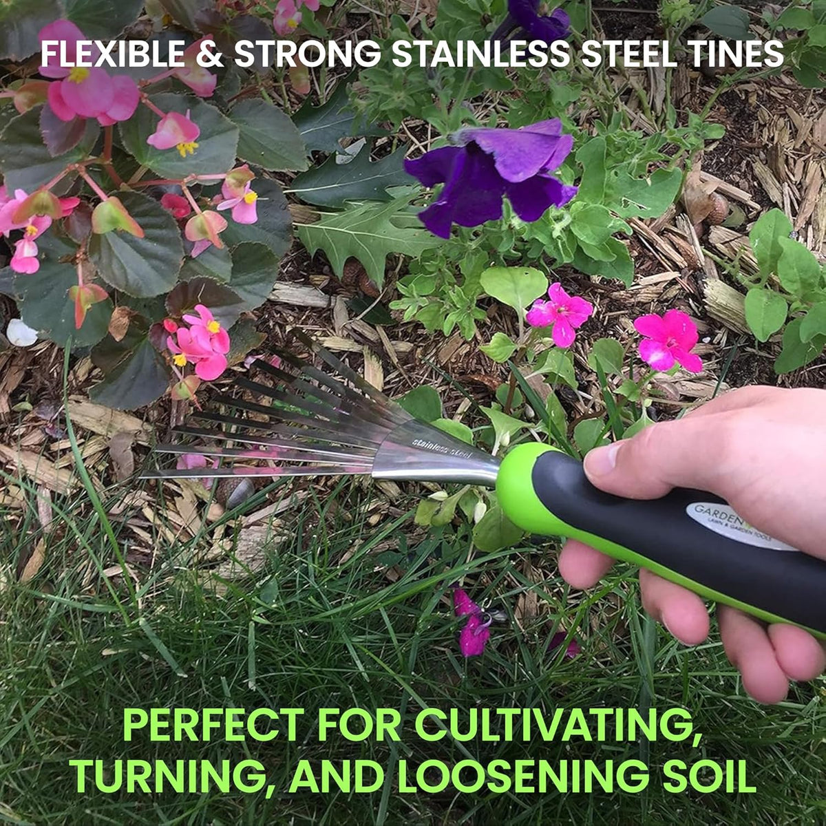Garden Guru Stainless Steel Hand Rake Soil Tiller with Ergonomic Handle, Great for Gardening