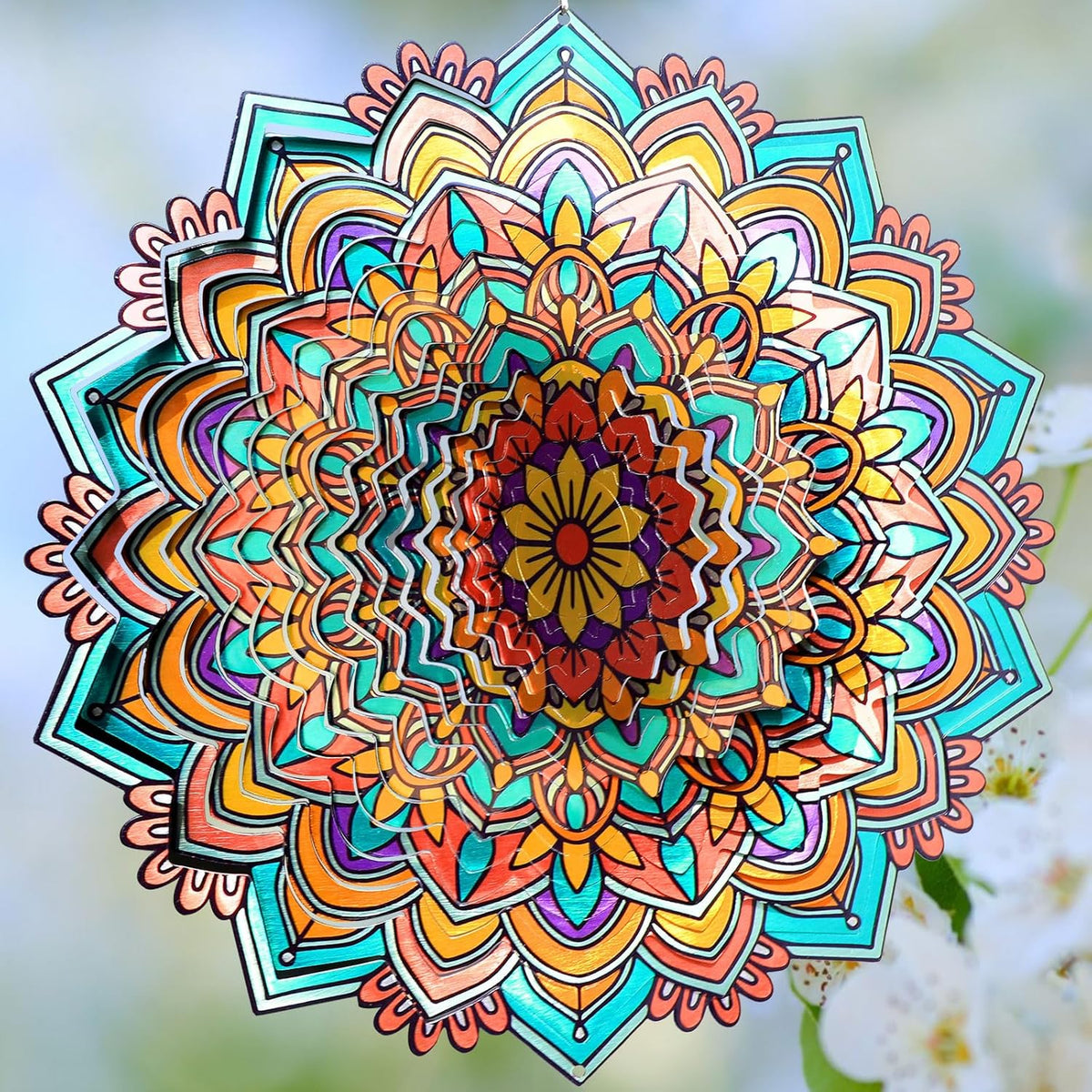 Mandala Daisy Wind Spinner - 12In 3D Kinetic Metal Wind Spinners, Stainless Steel Laser Cut Hanging