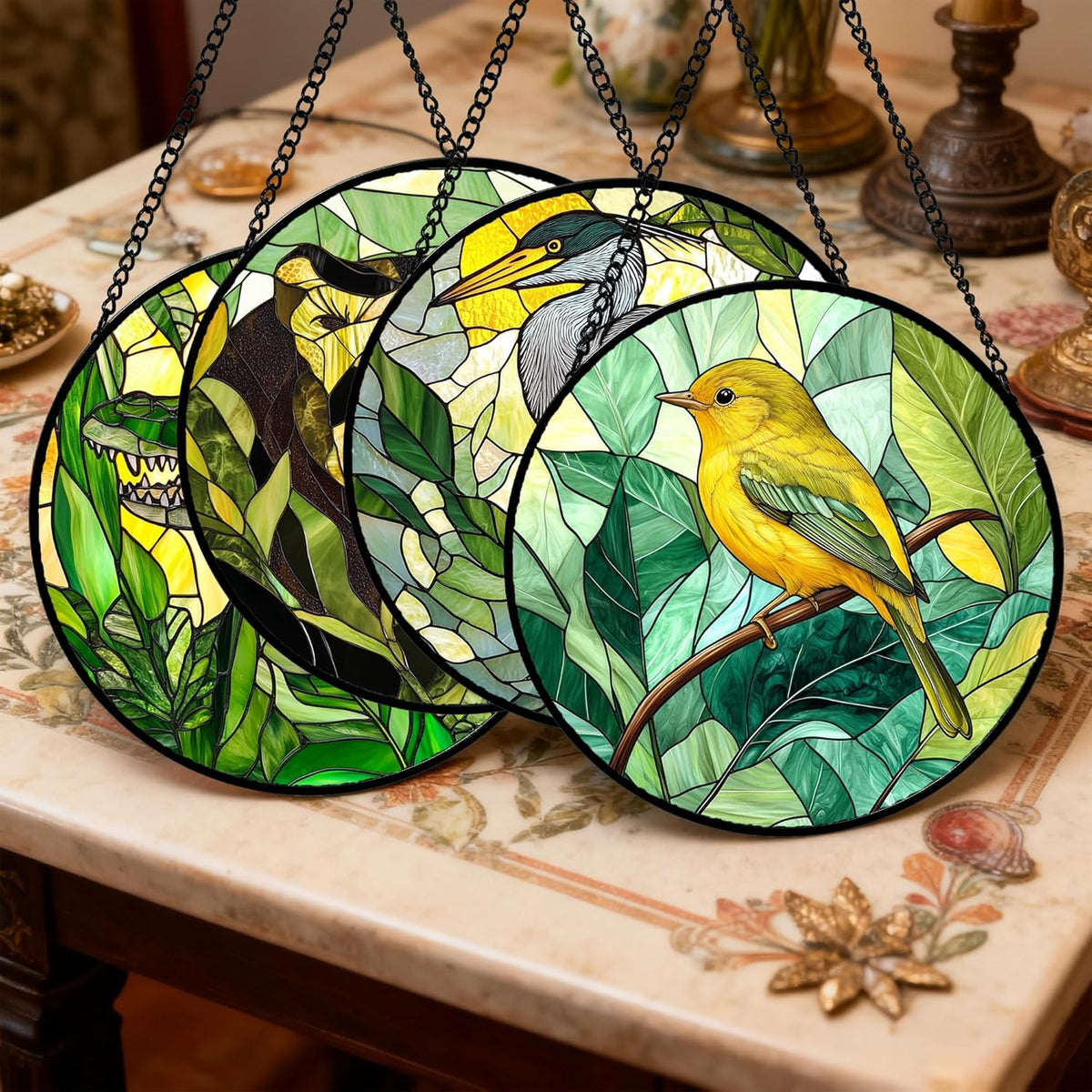Stained Glass Window Hanging 4 Pcs Set Green Plants Animals Theme Large 11.8" - Bird Tiger