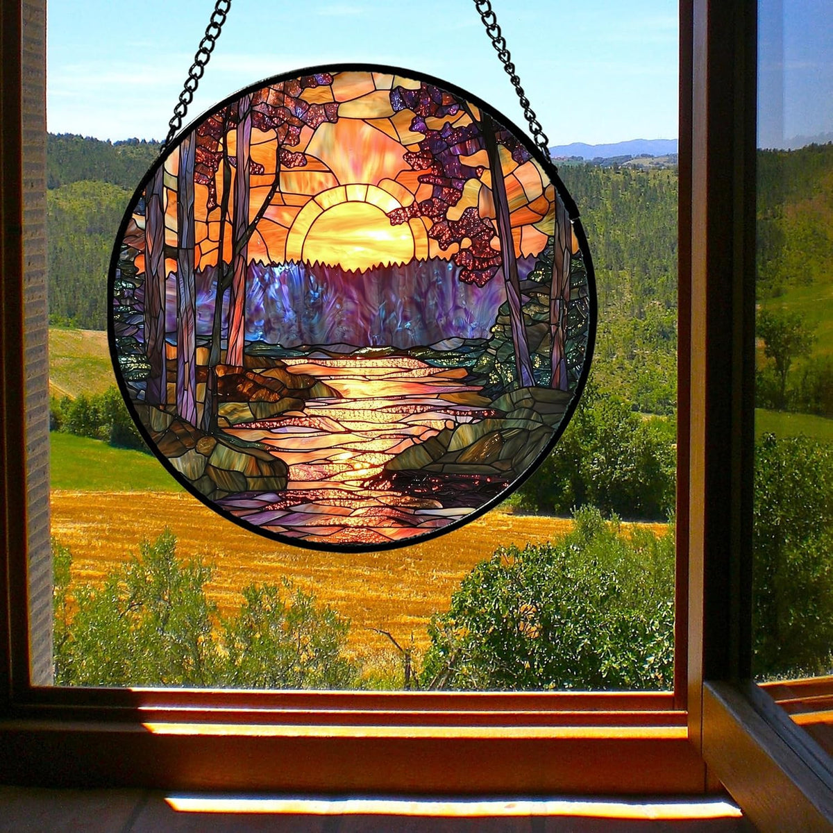 Stained Glass Window Hanging, Orange Landscape Green Purple Lake Forest Suncatcher for Doors Window