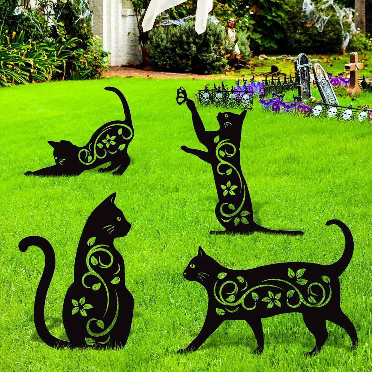 Elcoho 4 Pack Black Cat Silhouette Cute Metal Cat Garden Statues Bird Repellent Decorative Garden