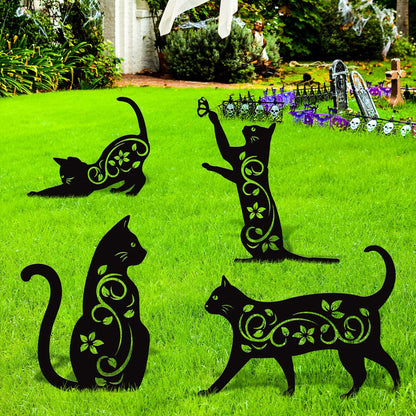 Elcoho 4 Pack Black Cat Silhouette Cute Metal Cat Garden Statues Bird Repellent Decorative Garden