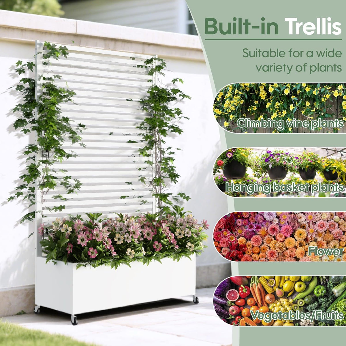 Metal Planter Box with Trellis Privacy Screen, Raised Garden Bed with Trellis & Wheels, Privacy