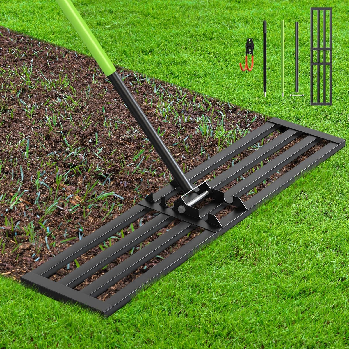 Seeutek Lawn Leveling Rake, 45” x 10” Lawn Leveler with 6.5FT Stainless Steel Handle Rakes for