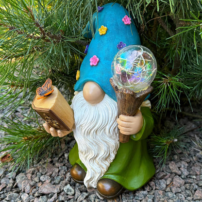 Garden Gnome - Solar Magician Gnome Figurine - 9.45 Inch Tall Decor Outdoor Lawn Statue with LED