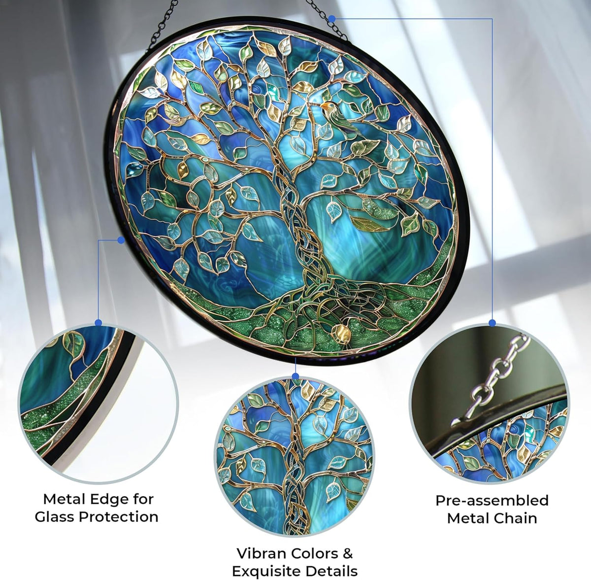 Tree of Life Stained Glass Window Hangings, Handcrafted Stained Glass Suncatchers, Gift for Cat