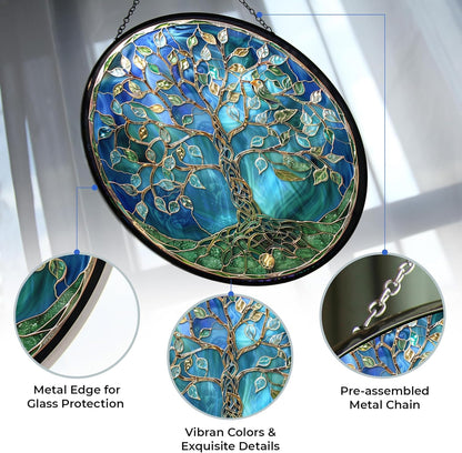 Tree of Life Stained Glass Window Hangings, Handcrafted Stained Glass Suncatchers, Gift for Cat
