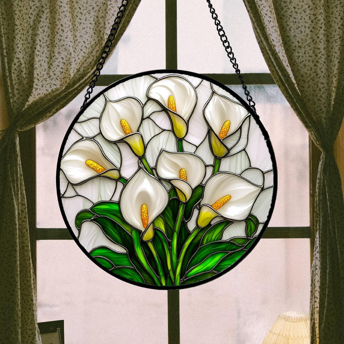 Stained Glass Window Hanging, White Calla Lily Suncatcher Diamond Glass Panel Hangings Flowers Sun
