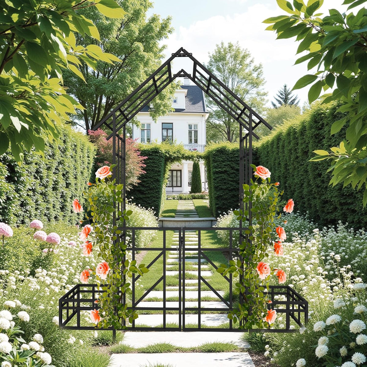 Metal Garden Arbor Arch with Gate and Plant Box, 97“ H Garden Trellis Wedding Arch Party Decoration
