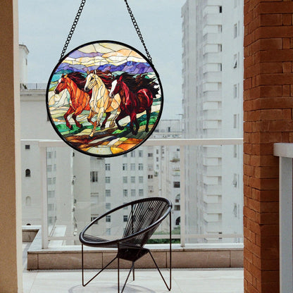 Stained Glass Window Hanging, Galloping Horses Sun Catcher for Door Home Decor Colorful Suncatcher