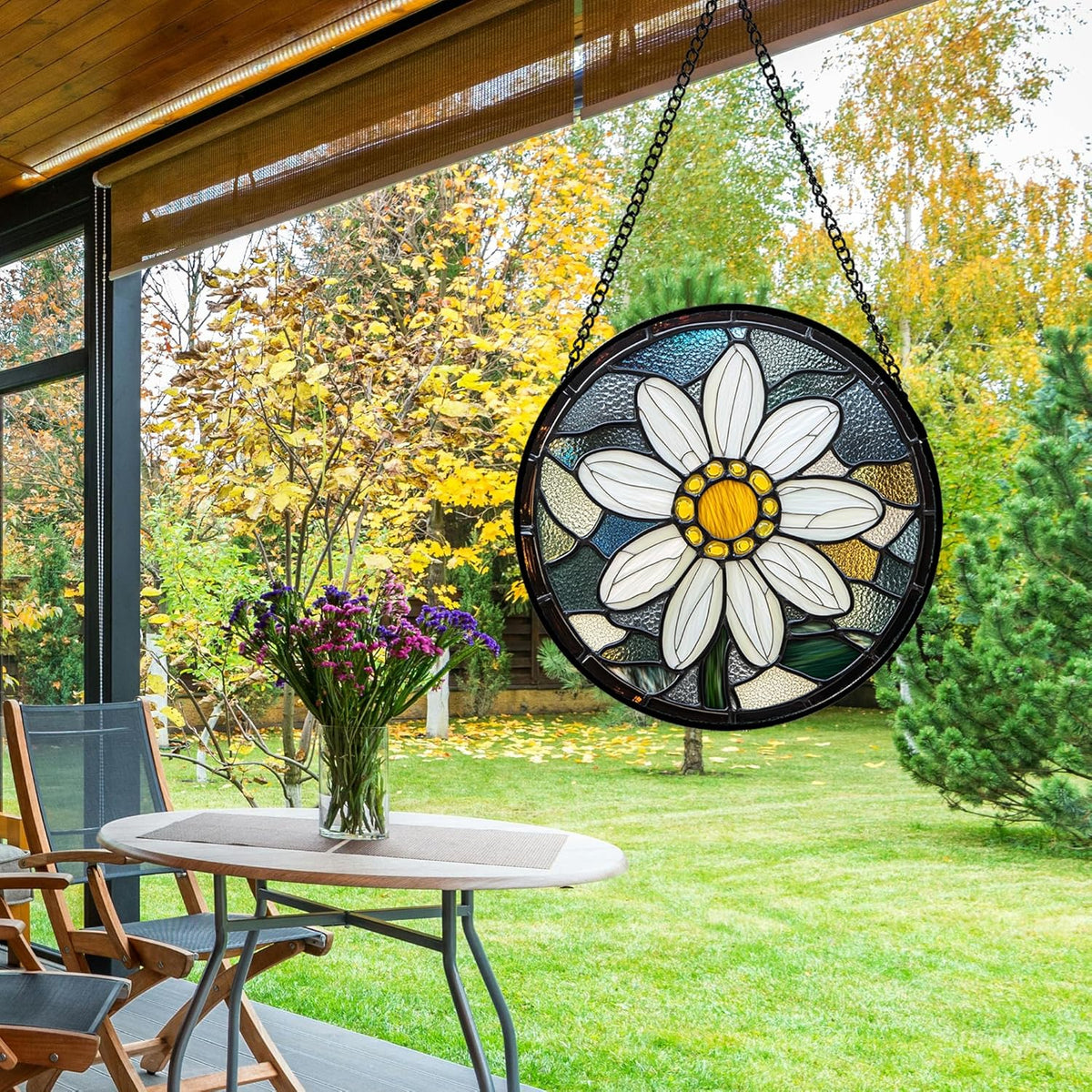 Stained Glass Window Hanging - Yellow White Daisy Birth Flower Suncatcher for Door Garden Yard Sun