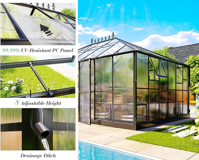 Jocisland 16x12x9.5 FT Polycarbonate Greenhouse- 6 FT Wall Height Outdoor Aluminum Greenhouses with