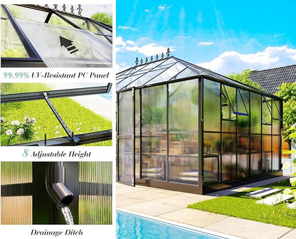 Jocisland 16x12x9.5 FT Polycarbonate Greenhouse- 6 FT Wall Height Outdoor Aluminum Greenhouses with
