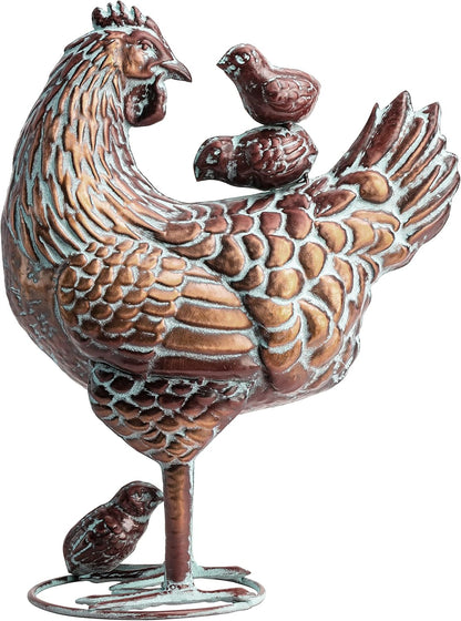 Metal Hen with Chicks Statues Yard Art, 13.5"x18" Metal Hen Chicken Figurine Decor, Vintage Outdoor