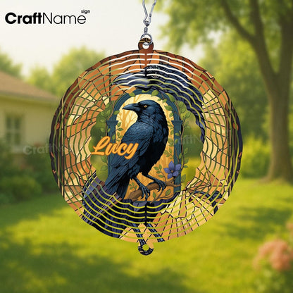 Personalized Raven Wind Spinner 3D Stainless Steel, Raven Garden Spinner Hanging Outdoor Decor