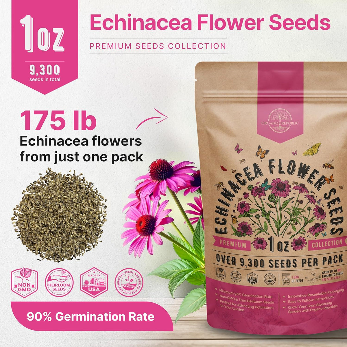 Organo Republic Echinacea Seeds Pack 1 oz - Over 9,300 Non-GMO Heirloom Echinacea Seeds for