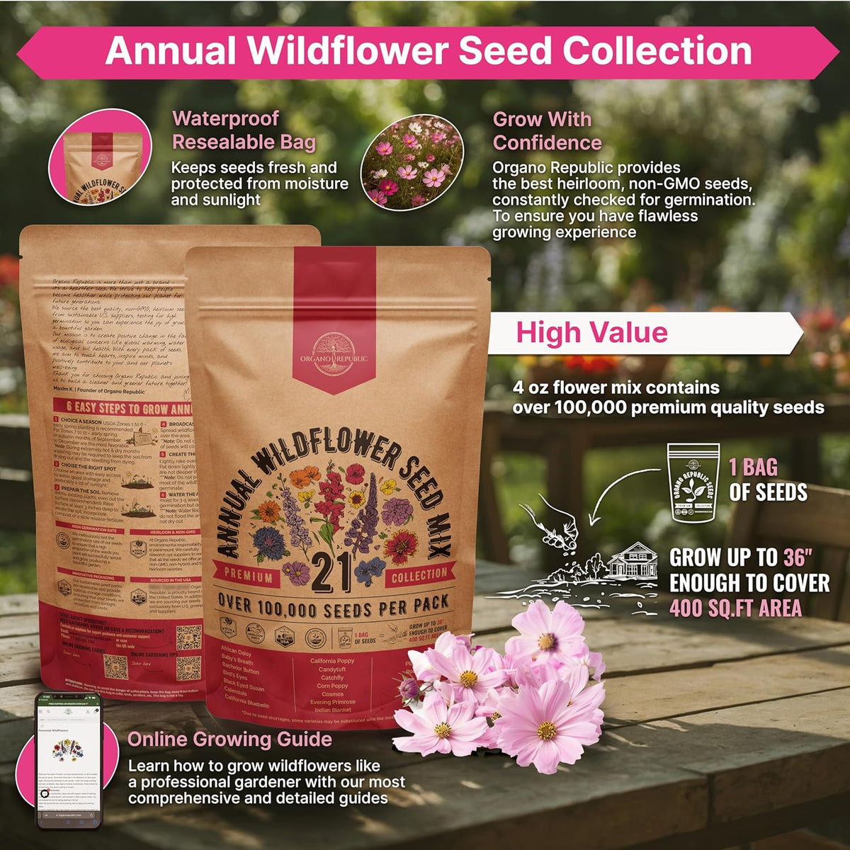 Organo Republic 21 Annual Wildflower Seeds Mix for Indoor & Outdoors. 100,000+ Non-GMO, Heirloom