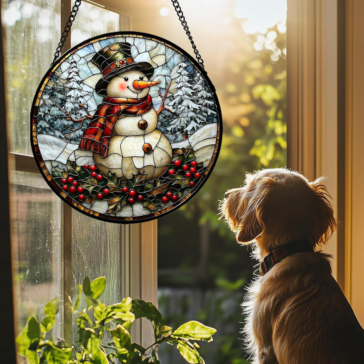 Stained Glass Window Hanging - Christmas Snowman Suncatcher for Door Terrace Garden Home Decor