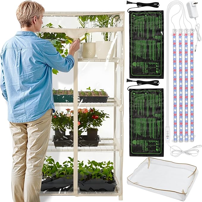 Carpathen Indoor Greenhouse with Grow Lights - 4 Tiers 27.2"L x 19.3"W x 54"H with 2 Dimmable 15W