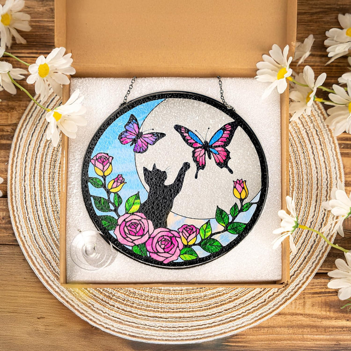 7.8" Cat Stained Glass Butterfly on Moon, Suncatcher Window Hanging, Suncatcher Garden Decor