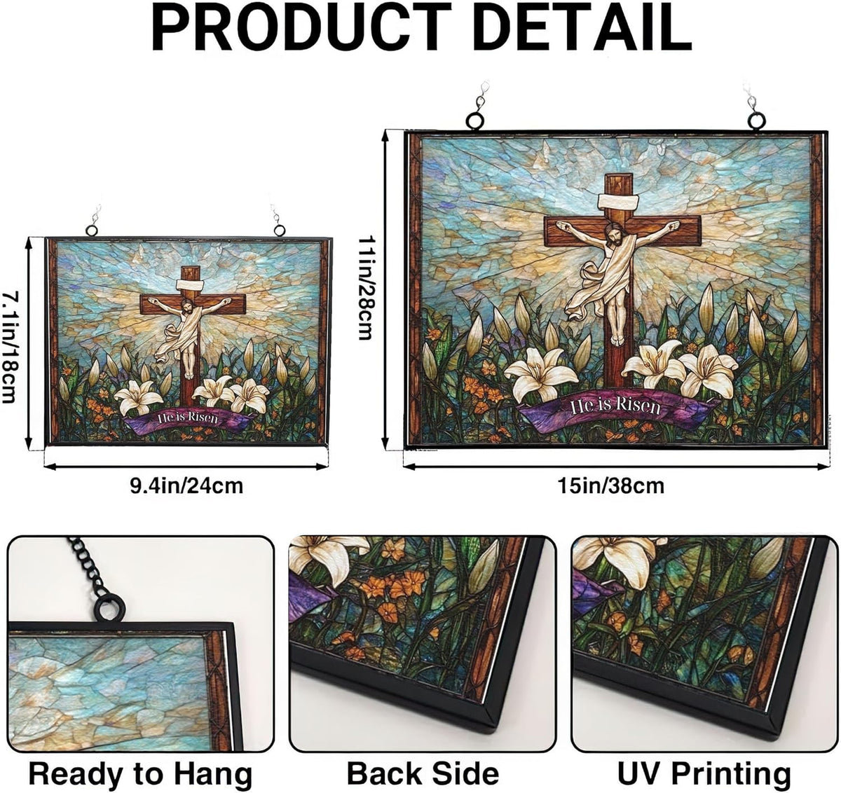 Personalized Rectangle He is Risen Suncatchers for Windows, Stained Glass Window