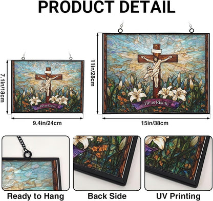 Personalized Rectangle He is Risen Suncatchers for Windows, Stained Glass Window