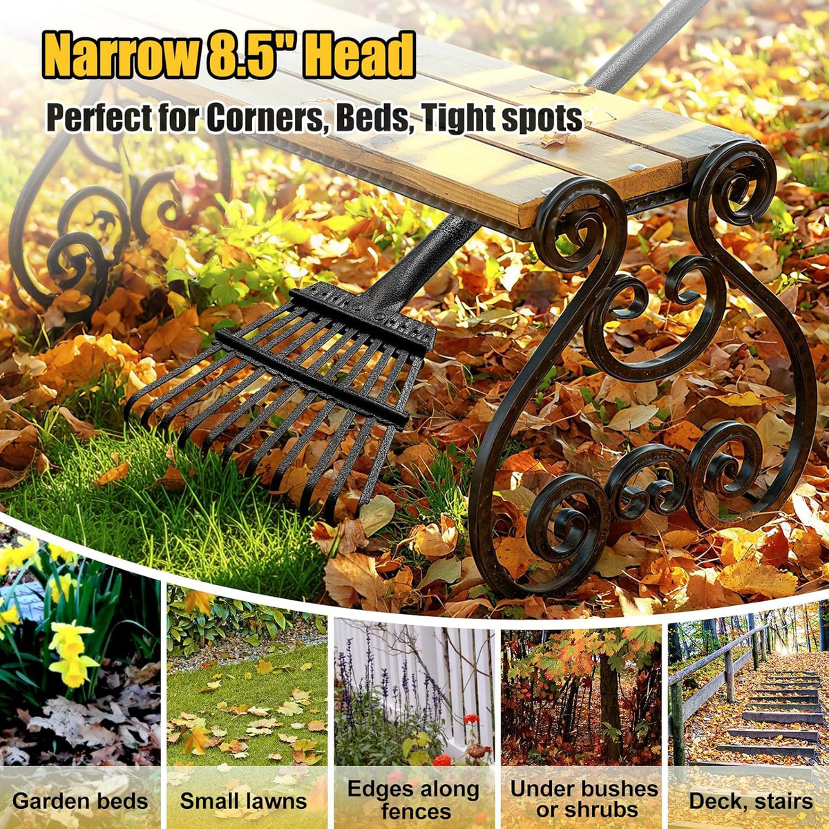 Rake for Leaves: Small Metal Garden Rake, 8.5" Wide, 11 Metal Tines,Heavy Duty Lightweight Kids