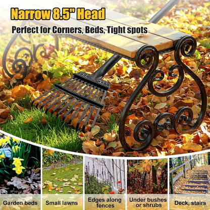 Rake for Leaves: Small Metal Garden Rake, 8.5" Wide, 11 Metal Tines,Heavy Duty Lightweight Kids